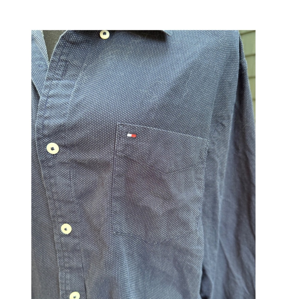 Tommy Hilfiger Mens XL Custom Fit Navy Blue Micro Dot Button Down Long Sleeve